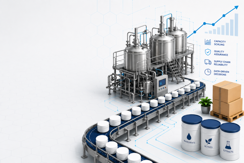 Cosmetic manufacturing equipment and packaging line illustrating production capacity and scale