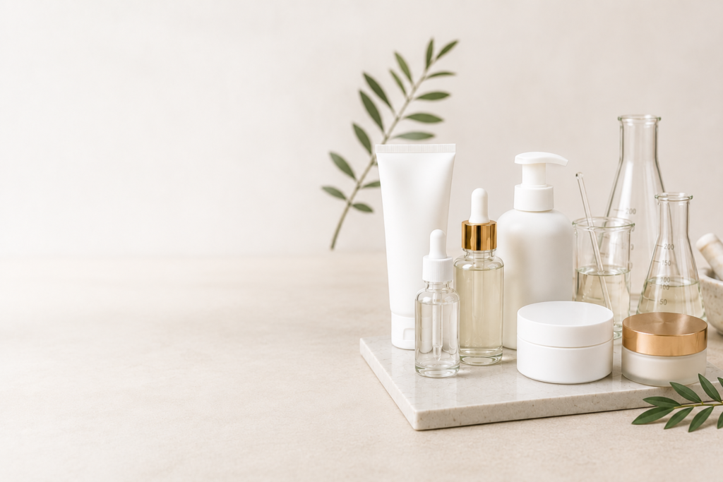 Unbranded cosmetic packaging and laboratory glassware representing custom formulation and private label manufacturing