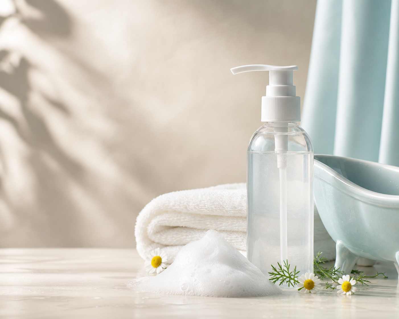 Gentle cleansing foam, towel, and unbranded pump bottle for baby care