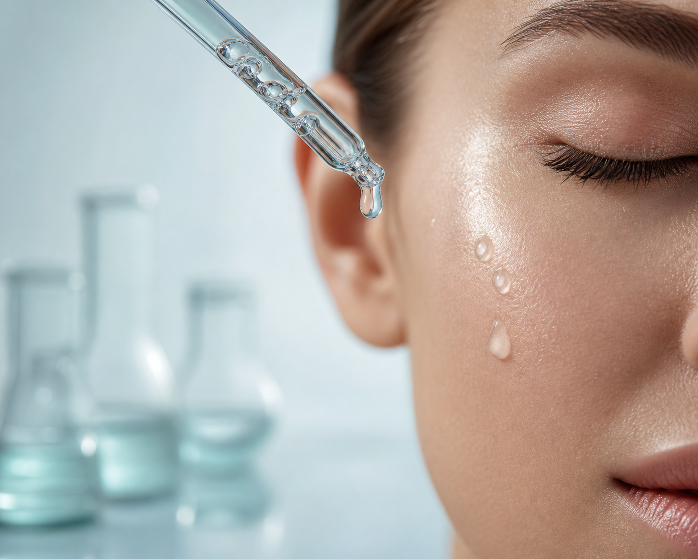 Clear facial serum being applied beside hydrated skin