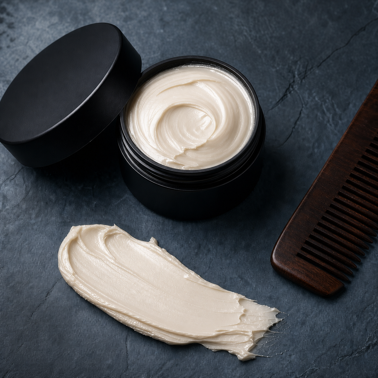 Off-white styling cream with wooden comb for custom men's grooming development