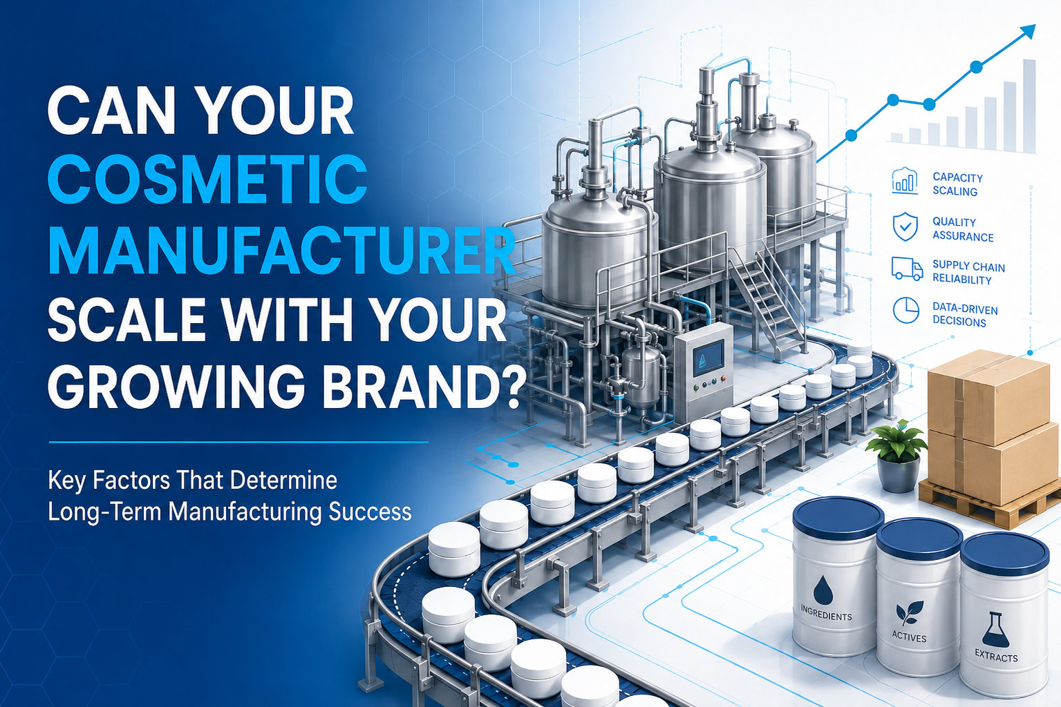 Cosmetic manufacturing tanks and filling line illustrating the capacity, quality, supply-chain, and data factors for scaling a beauty brand